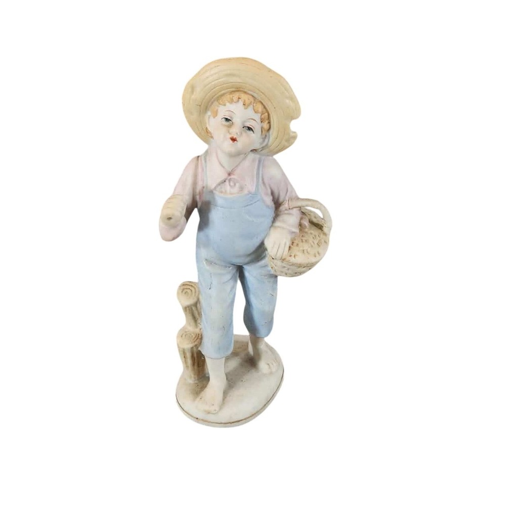 Ucagco Figurine Blue Boy with Basket Straw Hat Overalls Vintage Japan Ceramic 7"